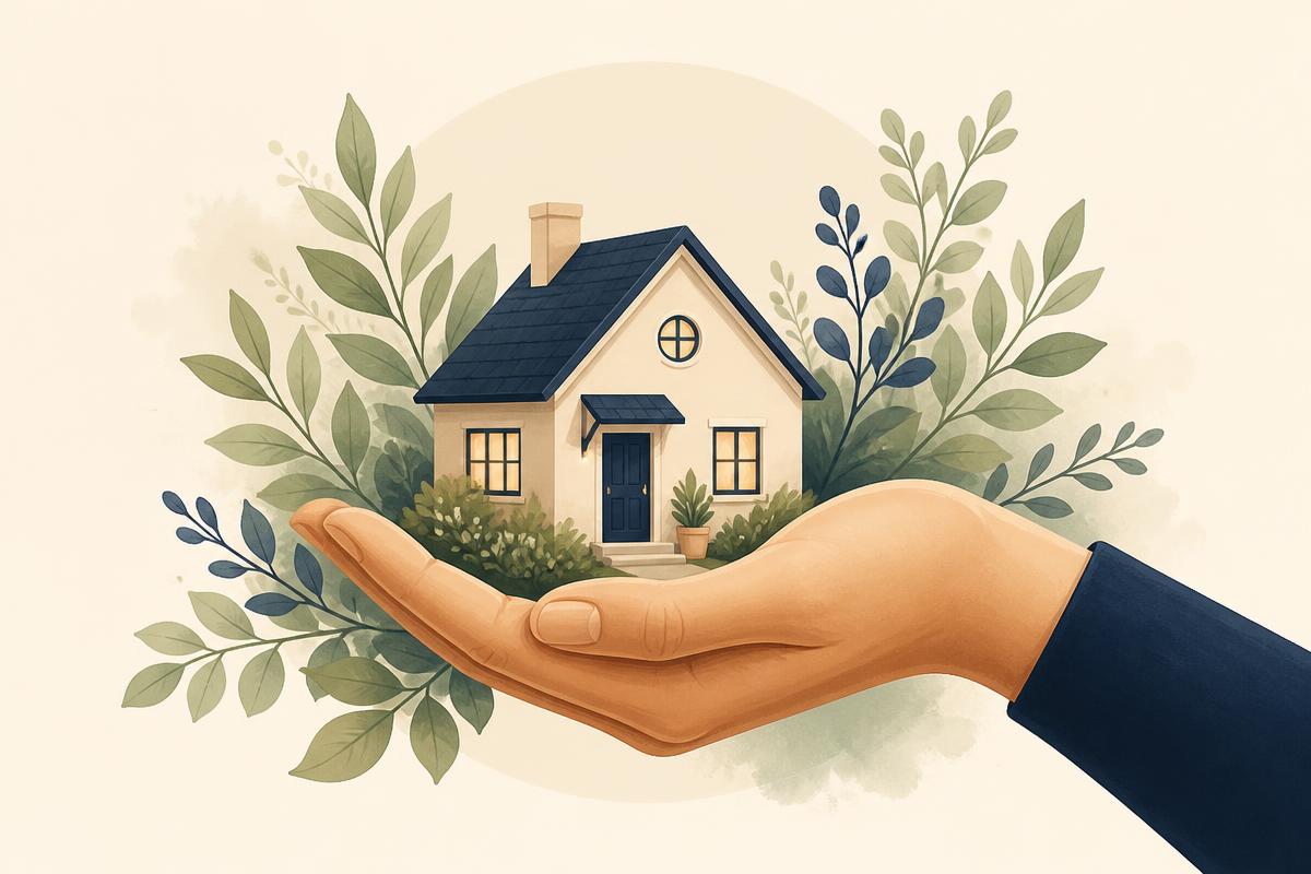 Illustration of a caring hand gently holding a cozy home surrounded by soft green leaves